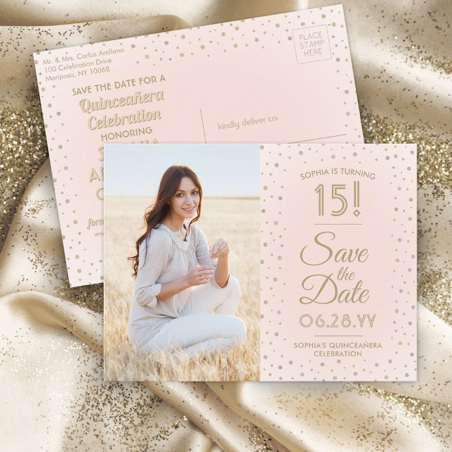1 Photo Quinceanera Save the Date Pink and Gold Invitation Postcard (Creator Uploaded)