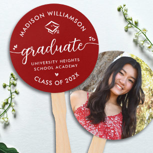 1 Photo Red Graduation Modern Script Hearts Cap Hand Fan