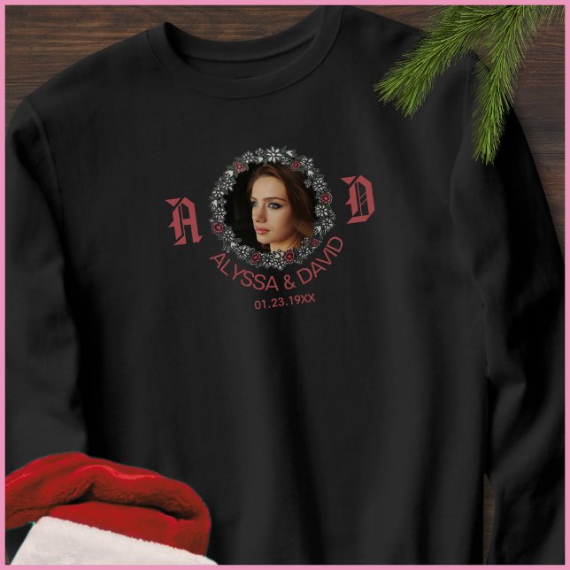 1 Photo Red Monogram Husband & Wife Name Men’s Sweatshirt (Creator Uploaded)