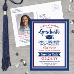 1 Photo Red White & Blue Graduation Save the Date Announcement Postcard<br><div class="desc">Share the joyful news of your upcoming graduation party as well as a picture with these patriotic red, white and blue save the date postcard invitations. Photo and all text are simple to customise. (IMAGE PLACEMENT TIP: An easy way to centre a photo exactly how you want is to crop...</div>