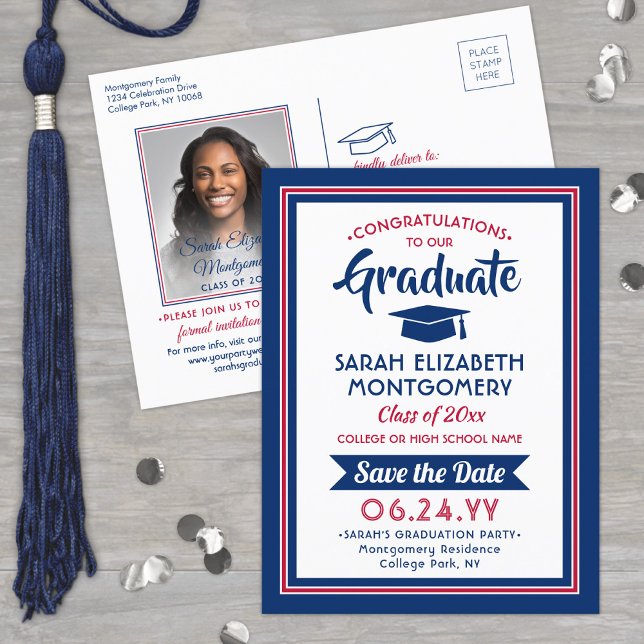 1 Photo Red White & Blue Graduation Save the Date Announcement Postcard (Creator Uploaded)