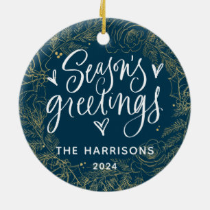 1-Photo Season's Greetings Navy Blue Two-Sided Ceramic Ornament
