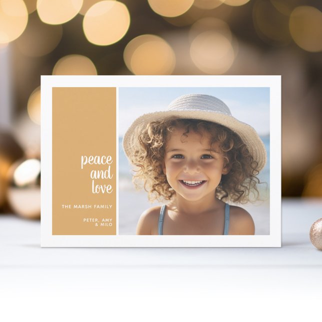 1 Photo Simple Minimal Christmas peace love Holiday Card (1 Photo Modern Christmas Card - mod Calligraphy - gold background - download option available)