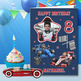 1 Photo Sloth & Monkey Race Car 8th Birthday Card