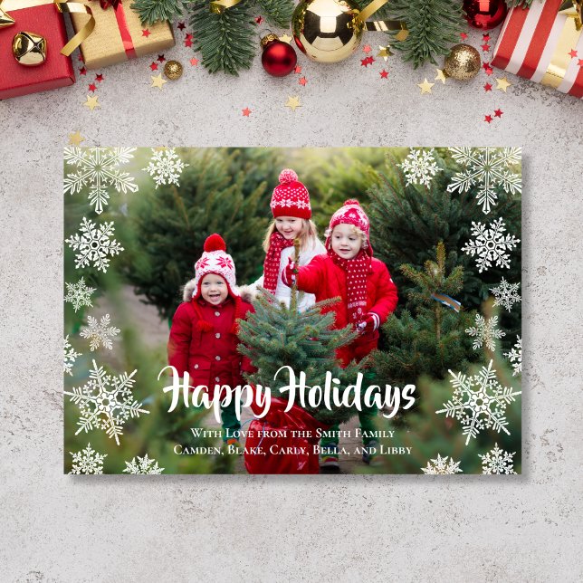 1 Photo Snowflake Holiday Card (Holiday card with snowflakes and large photo)