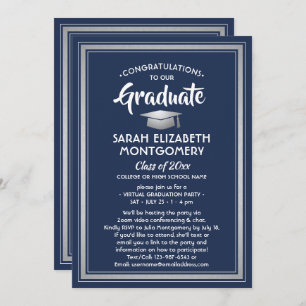 1 Photo Virtual Graduation Navy Blue White Silver Invitation