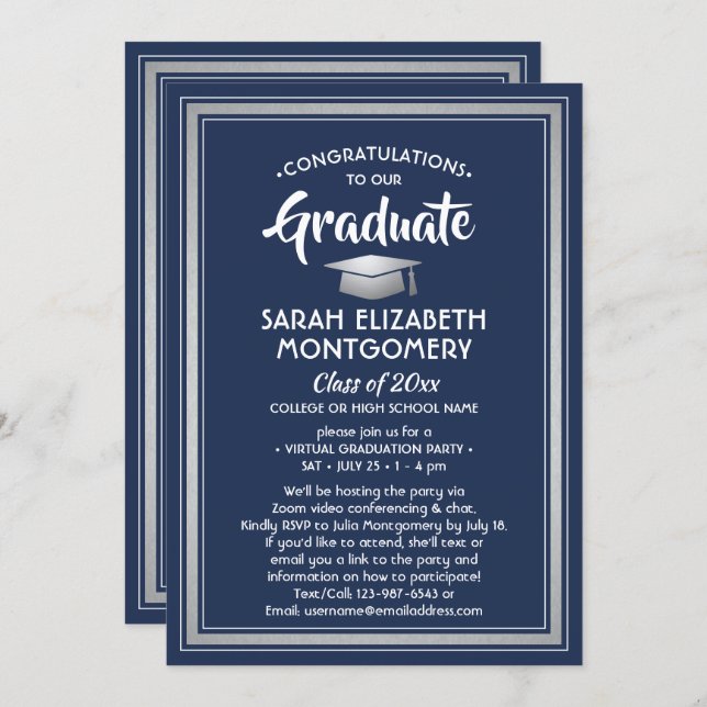 1 Photo Virtual Graduation Navy Blue White Silver Invitation (Front/Back)