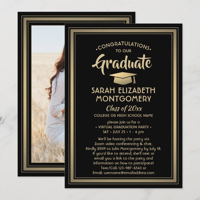 1 Photo Virtual Graduation Party Black and Gold Invitation (Front/Back)