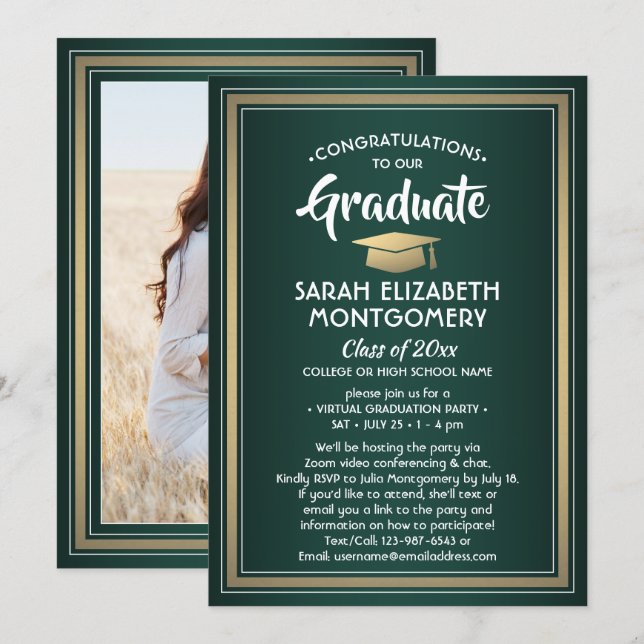 1 Photo Virtual Graduation Party Green Gold White Invitation (Front/Back)