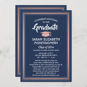 1 Photo Virtual Graduation Party Navy Blue & Pink Invitation
