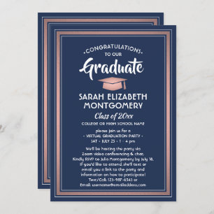 1 Photo Virtual Graduation Party Navy Blue & Pink Invitation