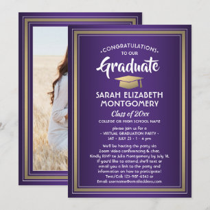 1 Photo Virtual Graduation Party Purple Gold White Invitation