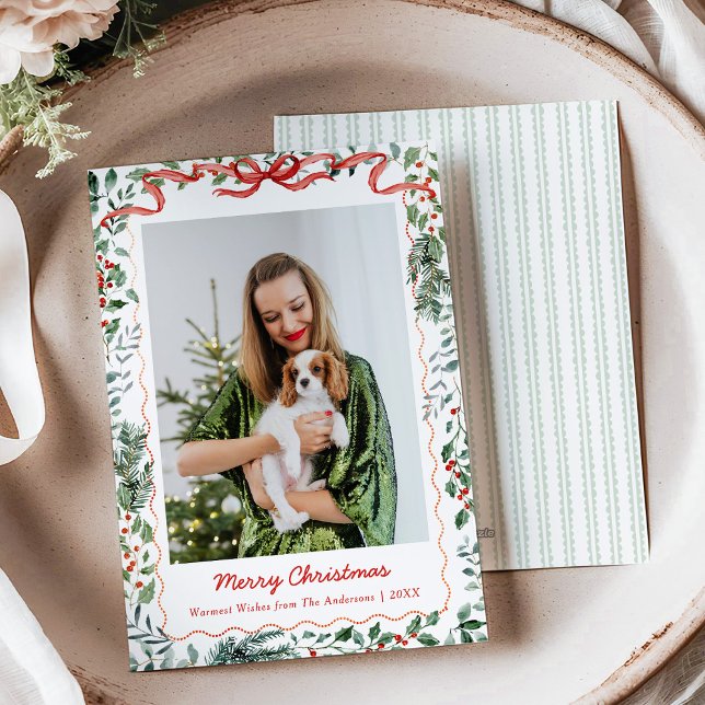 1 Photo Whimsical Christmas Greenery Coquette Bow Holiday Card (Creator Uploaded)