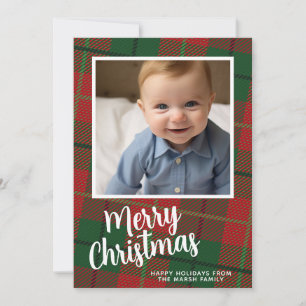 1 Photo with Script and Retro Plaid Pattern green Holiday Card