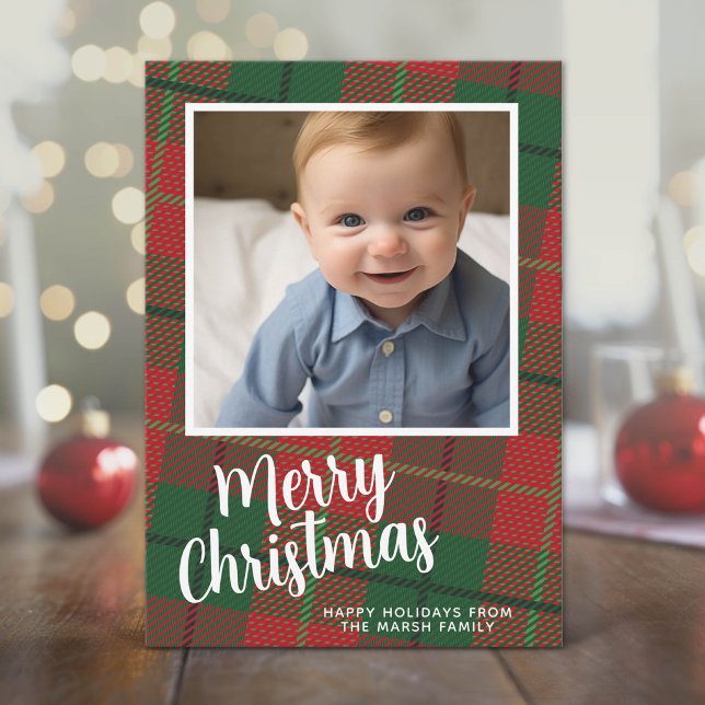 1 Photo with Script and Retro Plaid Pattern green Holiday Card (Modern Holiday Greeting with Photo)