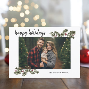 1 Photo with Whimsical Pine Branches Calligraphy Holiday Card
