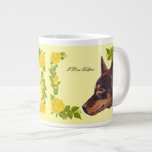 1 Red, 1 Black Australian Kelpie on Yellow Roses Large Coffee Mug