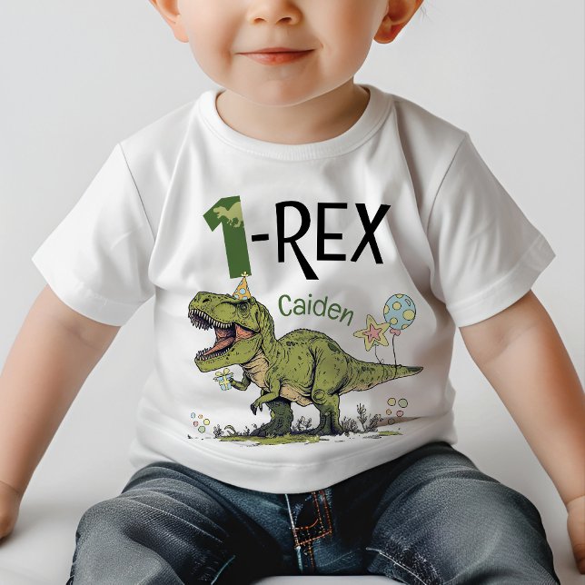 1-Rex Cute Dinosaur Theme 1st Birthday Party Name  Baby T-Shirt (Cute 1-Rex cartoon dinosaur boy's first birthday party t-shirt with kids name, T-Rex, Jurassic green)