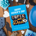 #1 Super Dad Superhero Comic Book Father's Day Card<br><div class="desc">The perfect father's day greeting card for superhero dads. Our #1 Super Dad father's day card features features "Super Dad" in a fun stylish comic book style typographic design in navy blue, light blue, and yellow with a halftone comic book pattern design. Customise with Dad's monogram and your own optional...</div>