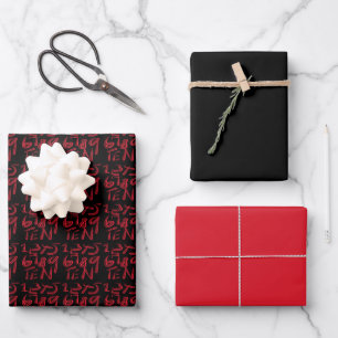 1 Thru Ten Typography In Red On Black Pattern Wrapping Paper Sheet
