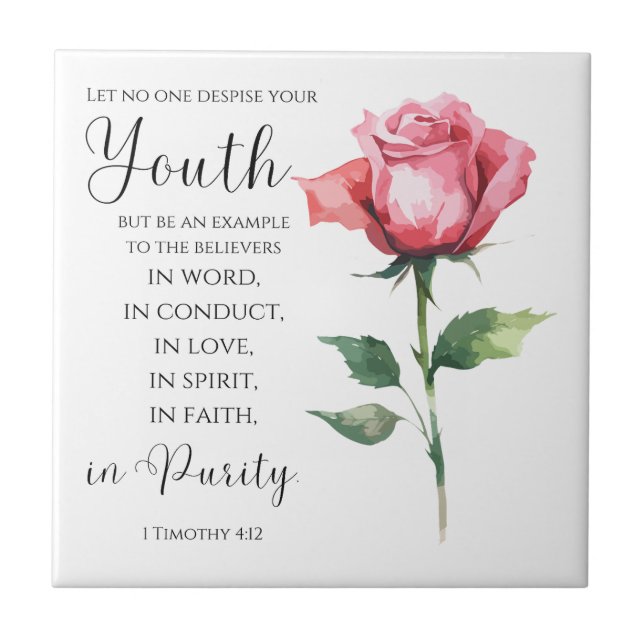 1 Timothy 4:12 - Youth Bible Verse Flower Ceramic Tile (Front)