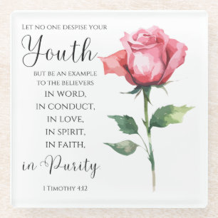 1 Timothy 4:12 - Youth Bible Verse Flower Glass Coaster