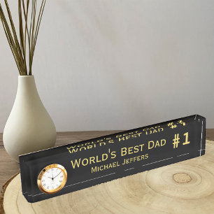 #1 Worlds Best Dad Desk Name Plate with Clock