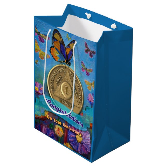 1 Year AA Anniversary Coin Butterflies Flowers Medium Gift Bag (Front Angled)