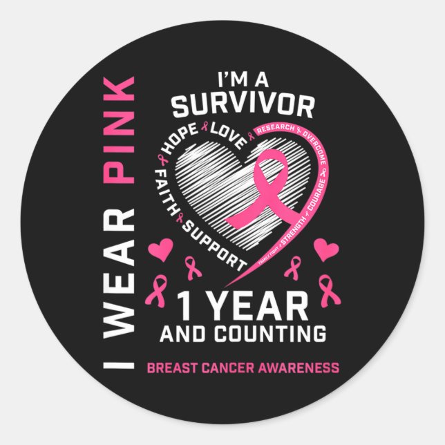 1 Year Cancer Free Mum Pink Awareness Breast Cance Classic Round Sticker (Front)