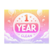 1 year clean sobriety postcard neon bright pink 
