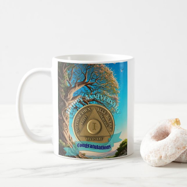 1 Year CUSTOM NAME AA Coin Tree Of Life Coffee Mug (With Donut)
