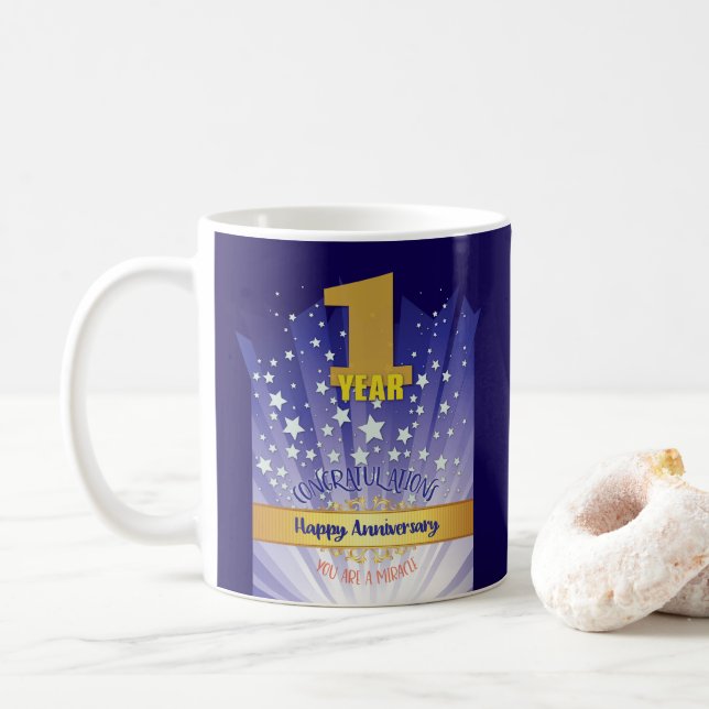 1 Year CUSTOM Recovery Anniversary Bold Numeral Coffee Mug (With Donut)