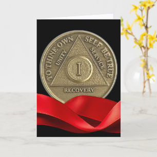 1 Year Happy Anniversary Sober Coin Red Ribbon Card
