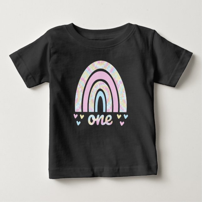 1 Year Old 1st Birthday Pastel Tie-Dye Rainbows Baby T-Shirt (Front)