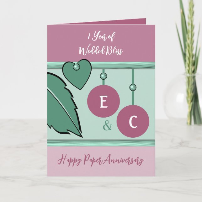1 year paper anniversary initials green lavender card (Front)
