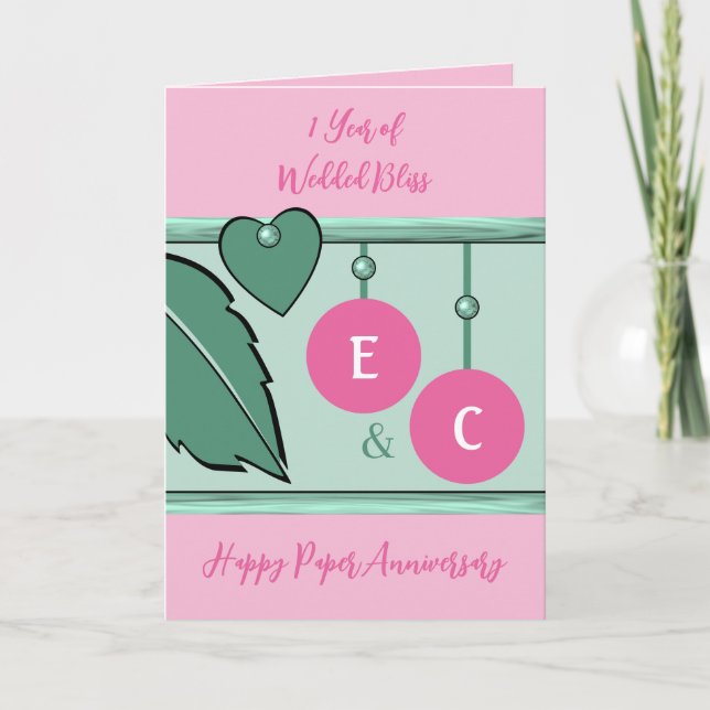 1 year paper anniversary initials green pink card (Front)
