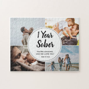 1 Year Sober, 4 Photo Collage, Custom Name Jigsaw Puzzle