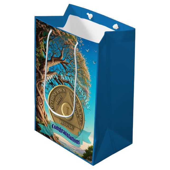 1 Year Sober Anniversary Coin Tree Of Life Medium Gift Bag (Front Angled)