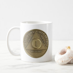 1 Year Sober Medallion Coin Happy Anniversary Coffee Mug