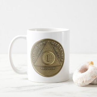 1 Year Sober Medallion Coin Happy Anniversary Coffee Mug
