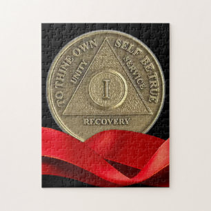 1 Year Sober Recovery Anniversary Coin Red Ribbon Jigsaw Puzzle