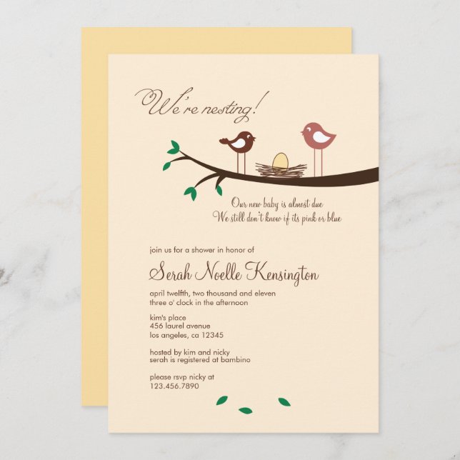 1 Yellow Egg Nesting Birds Baby Shower Invitation (Front/Back)
