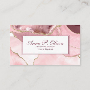 1A-Rose Blush And Gold Glitter Agate Business Card
