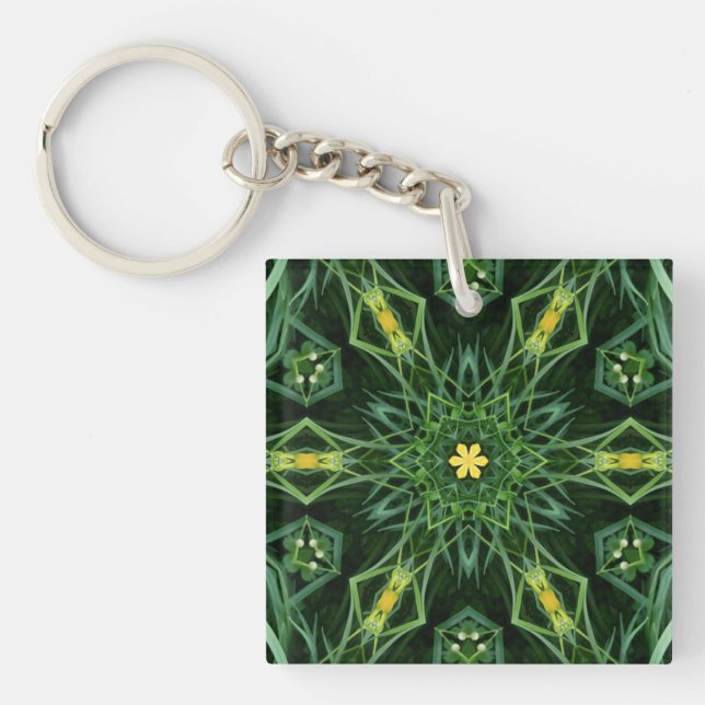 1A Unique Colourful Green Yellow Mandala Key Ring (Front)