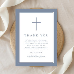 1Elegant Dusty Blue Cross Boy First Communion Thank You Card