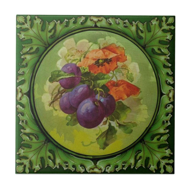 1of 2 Handpainted Floral Fruit Godwin c1900 Repro Ceramic Tile (Front)