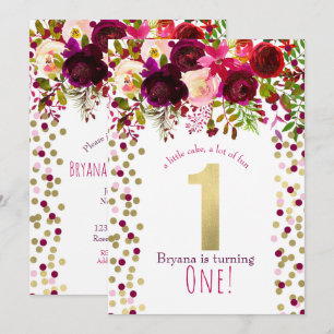 1st 1 Birthday Party Gold Burgundy Bold Floral Invitation