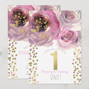 1st 1 Birthday Party Pink & Gold Modern Floral Invitation