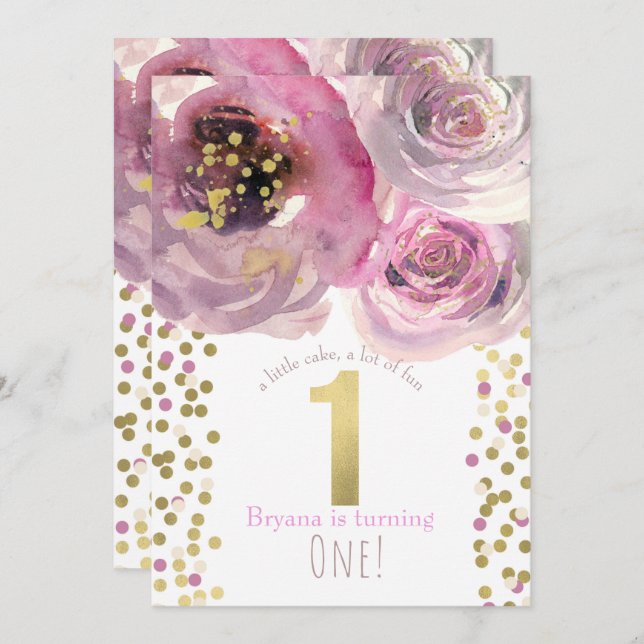1st 1 Birthday Party Pink & Gold Modern Floral Invitation (Front/Back)