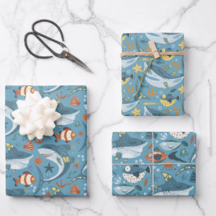 1st 2nd 3rd Birthday Baby Shark Ocean Sea Boys Wrapping Paper Sheet